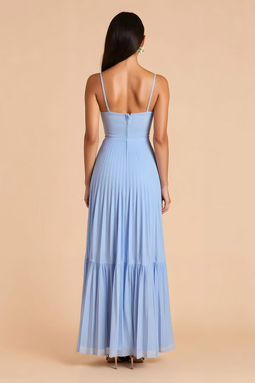 Light Blue Pleated A Line Spaghetti Straps Long Bridesmaid Dress